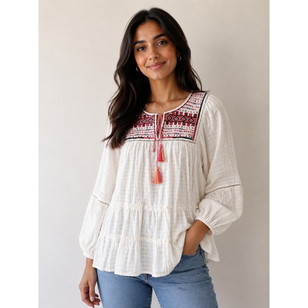 Angie M Boho Chic Peplum Floral Flowy Lightweight Prairie Peasant Tiered Blouse
